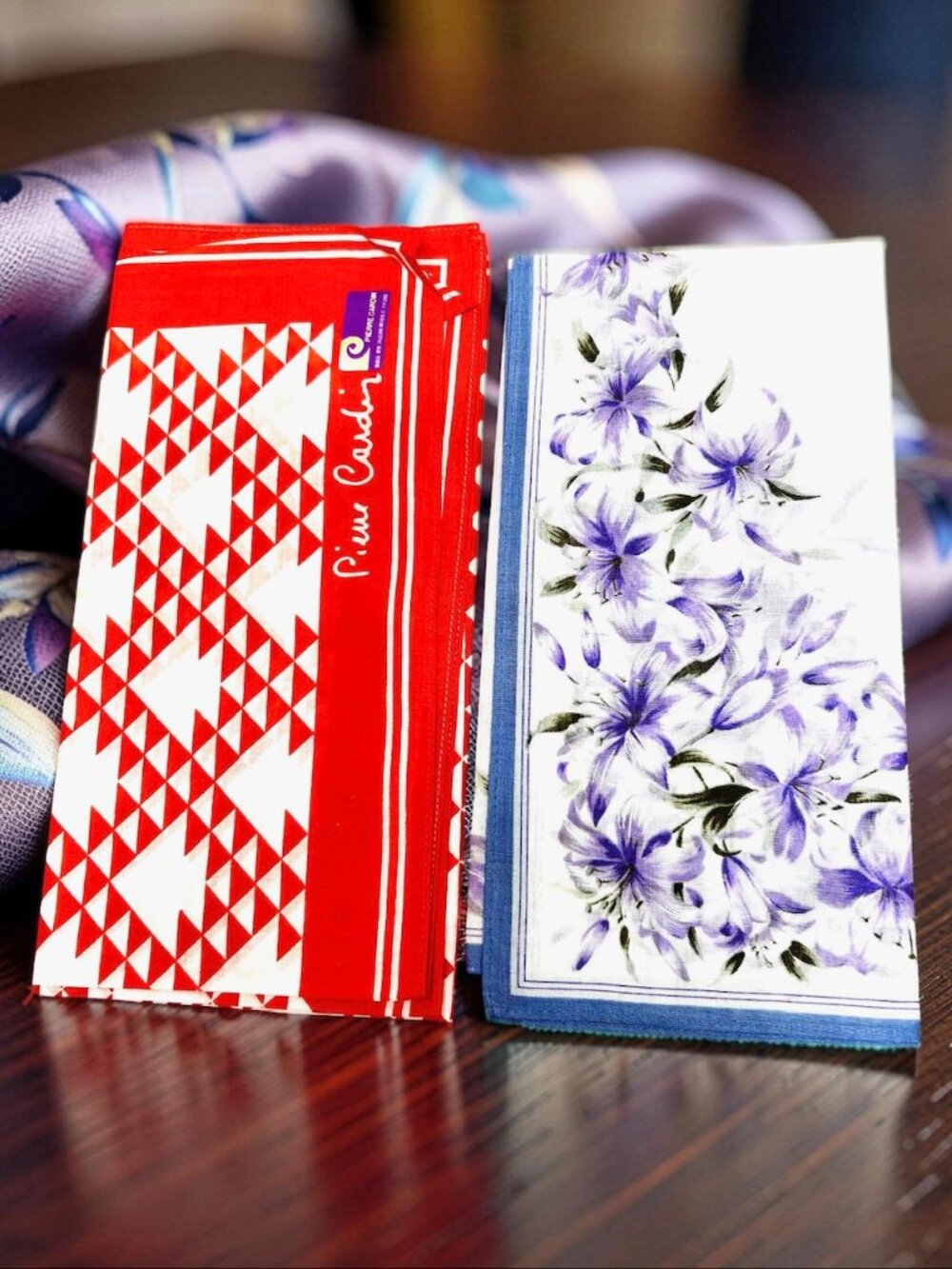 Unused Women Mini Scarf/handker (2)Pierre Cariding purple Floral & white red(10
